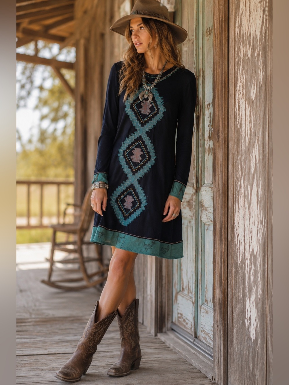 Double D Ranch Black Embroidered Western Dress Turquoise Appliqué Boho Cowgirl🤠